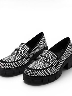 Madden NYC Rhinestone Chunky Lug Sole Loafers Black Glam Edgy Y2K Disco Shoes 7
